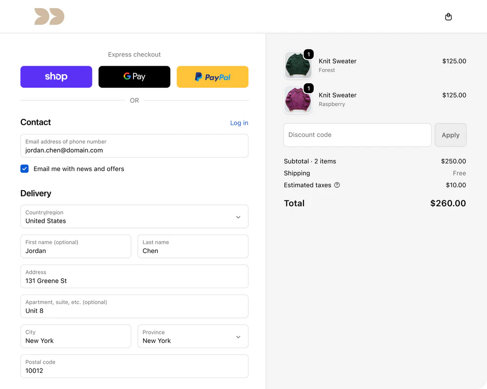 Shopify express checkout interface