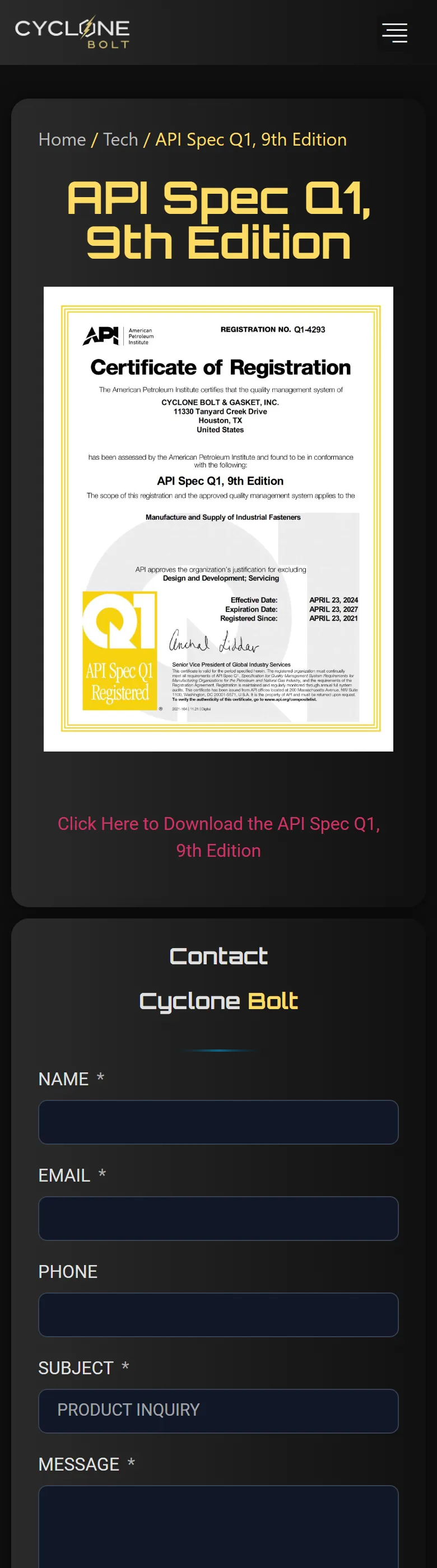 API Spec Q1 9th Edition certification page