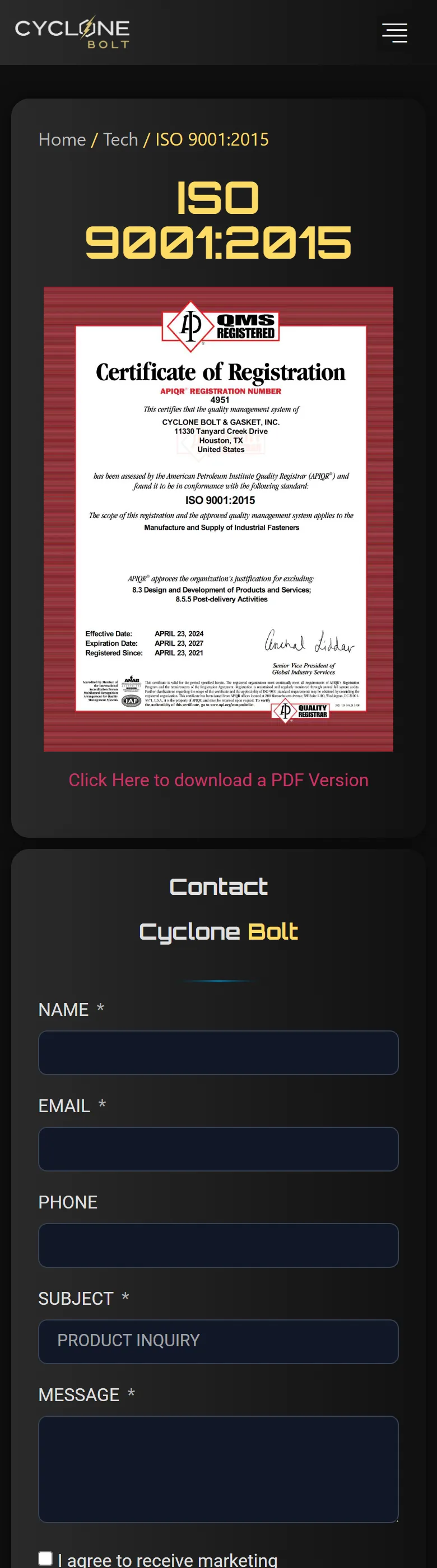 ISO 9001:2015 certification page