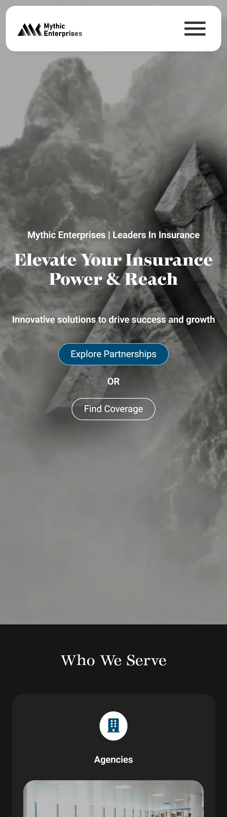 Mythic Enterprises home page on mobile