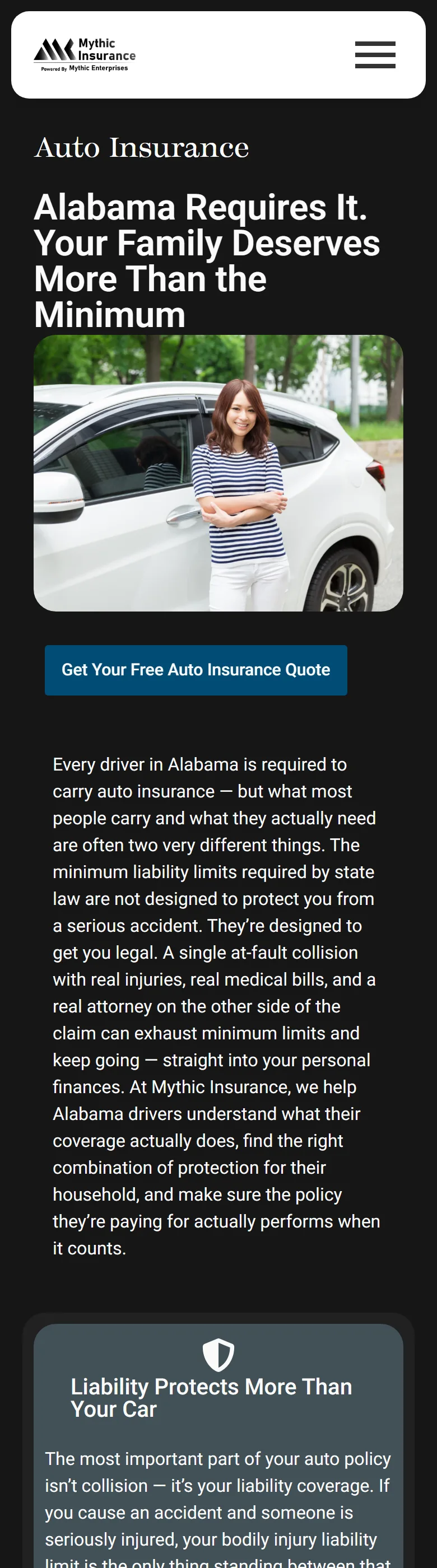 Mythic Insurance auto coverage page on mobile