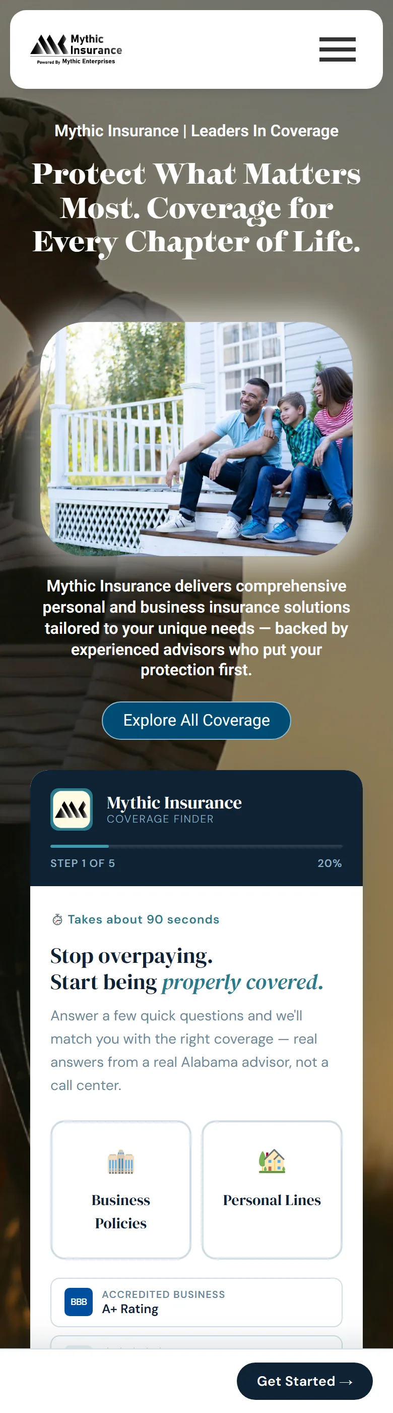 Mythic Insurance home page on mobile