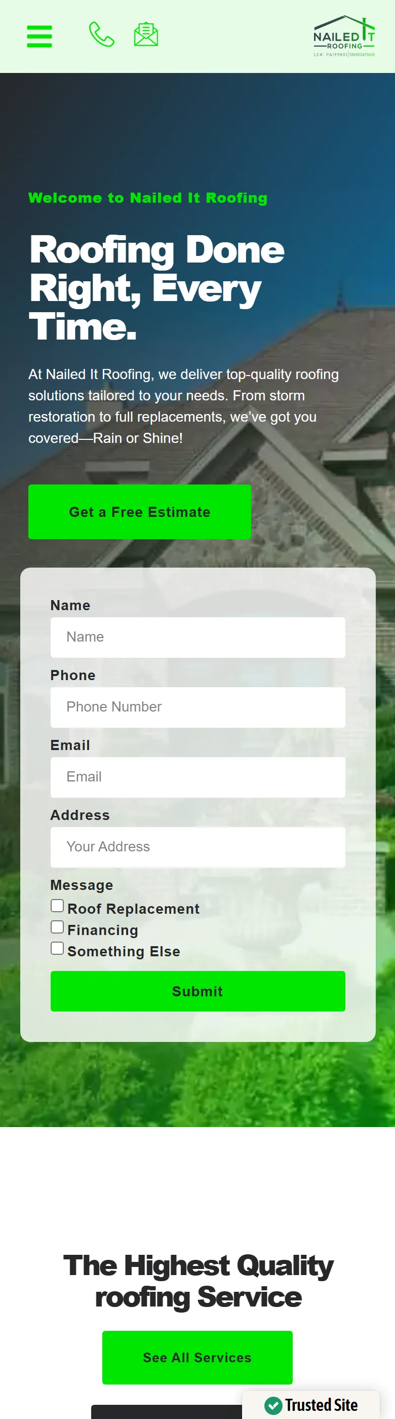 Nailed It Roofing home page on mobile
