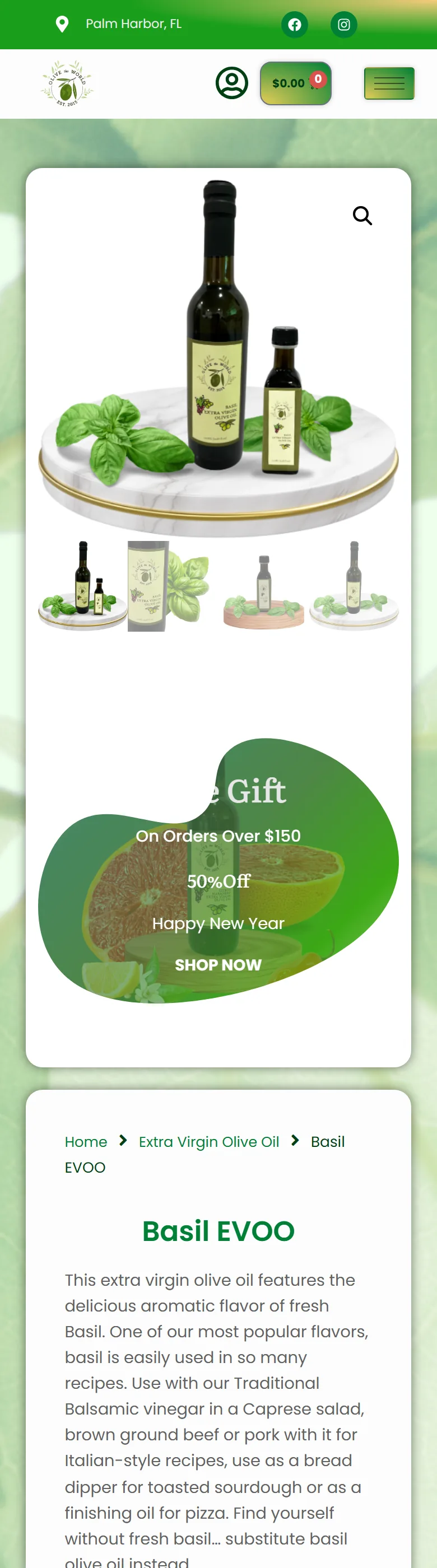 Basil EVOO product detail page