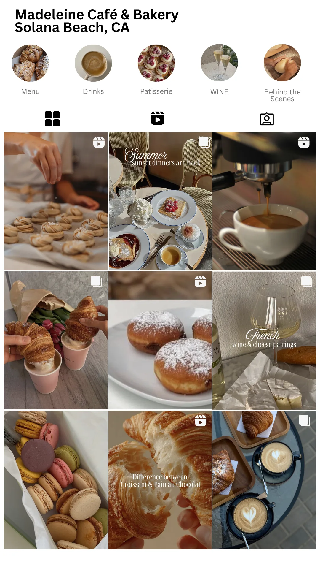 Madeleine Café & Bakery Instagram profile grid